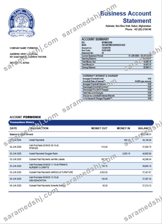 Da Afghan Bank (DAB) firm account statement Word and PDF template